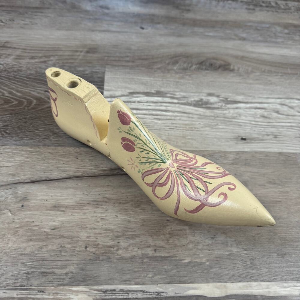 Vintage Metal Shoe Last Hand Painted Floral Folk Art Cobbler Form Decor
